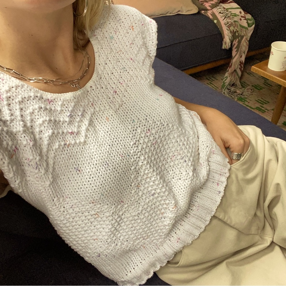 Vintage Teasers Pullover Sleeveless Sweater Vest Knit Cotton Ivory Small Marled